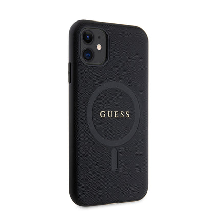 iPhone 11 Kılıf Guess Orjinal Lisanslı M-safe Şarj Özellikli Yazı Logolu Saffiano Classic Kılıf