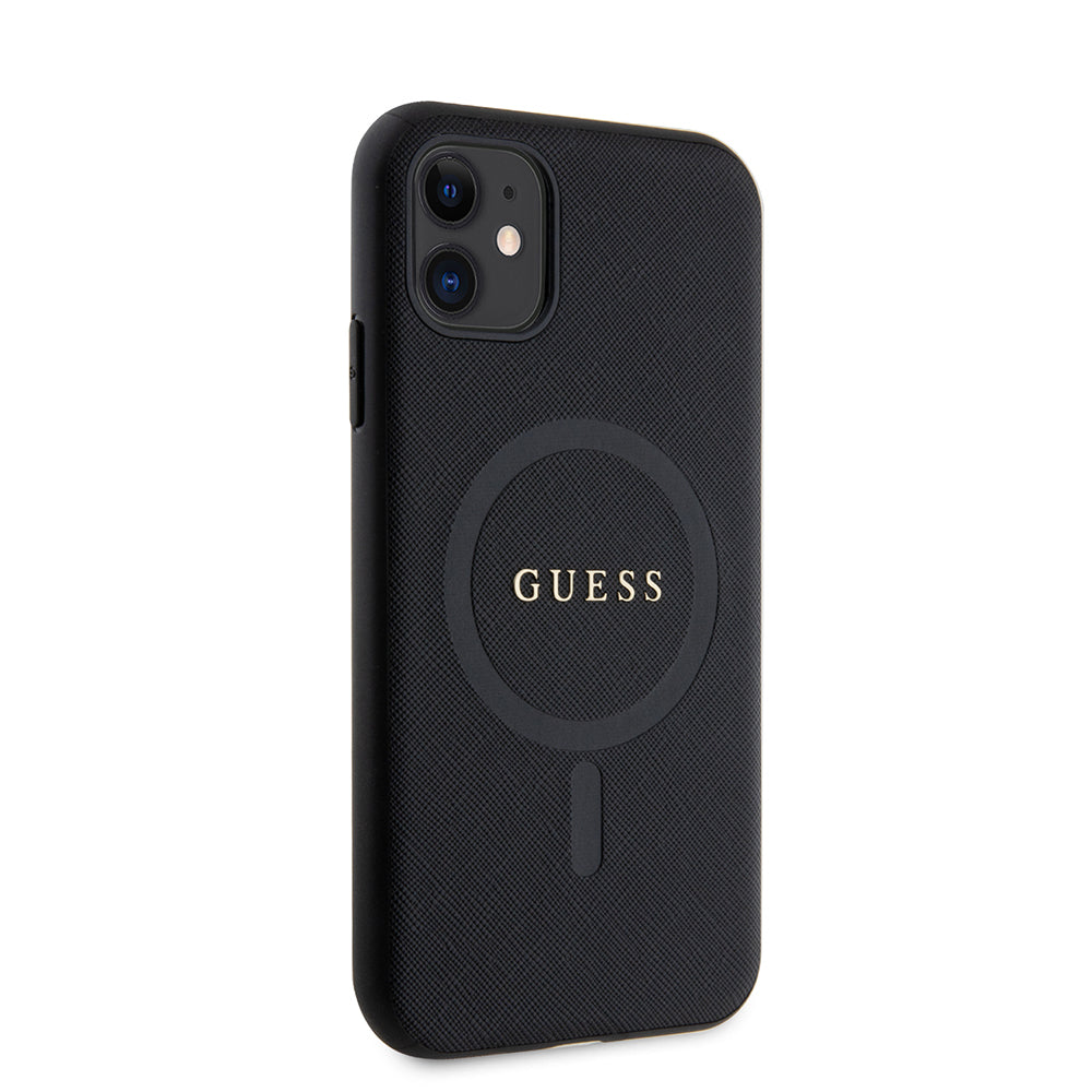 Apple iPhone 11 Kılıf Guess Orjinal Lisanslı Magsafe Şarj Özellikli Yazı Logolu Saffiano Classic Kapak Siyah