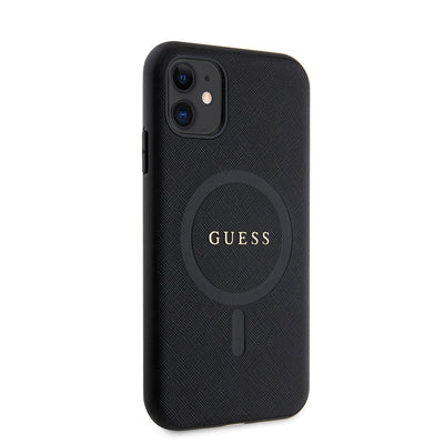 Apple iPhone 11 Kılıf Guess Orjinal Lisanslı Magsafe Şarj Özellikli Yazı Logolu Saffiano Classic Kapak Siyah