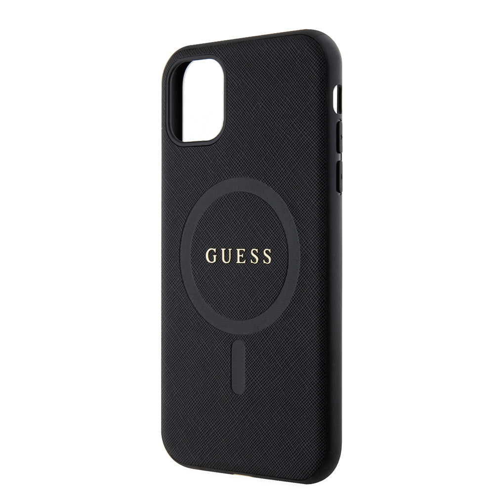 Apple iPhone 11 Kılıf Guess Orjinal Lisanslı Magsafe Şarj Özellikli Yazı Logolu Saffiano Classic Kapak Siyah