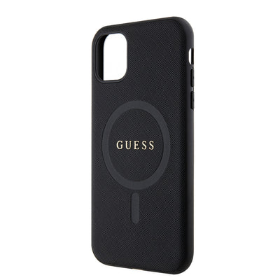 Apple iPhone 11 Kılıf Guess Orjinal Lisanslı Magsafe Şarj Özellikli Yazı Logolu Saffiano Classic Kapak Siyah