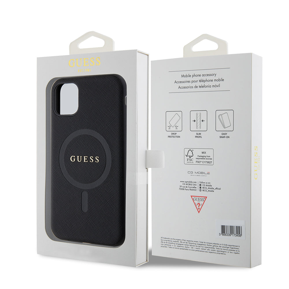 Apple iPhone 11 Kılıf Guess Orjinal Lisanslı Magsafe Şarj Özellikli Yazı Logolu Saffiano Classic Kapak Siyah