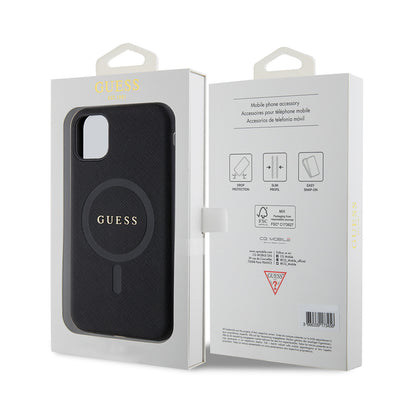 Apple iPhone 11 Kılıf Guess Orjinal Lisanslı Magsafe Şarj Özellikli Yazı Logolu Saffiano Classic Kapak Siyah