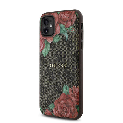 Apple iPhone 11 Kılıf Guess Orjinal Lisanslı Magsafe Uyumlu Gül Baskılı 4G Desenli Yazı Logolu Kapak Kahverengi