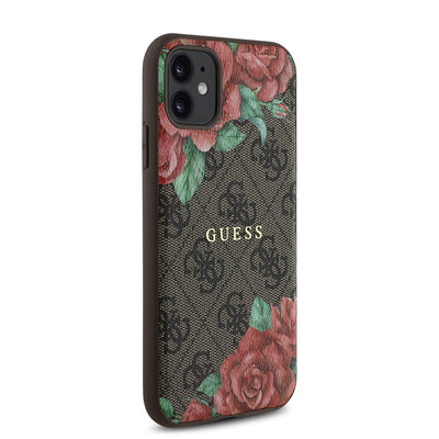 Apple iPhone 11 Kılıf Guess Orjinal Lisanslı Magsafe Uyumlu Gül Baskılı 4G Desenli Yazı Logolu Kapak Kahverengi