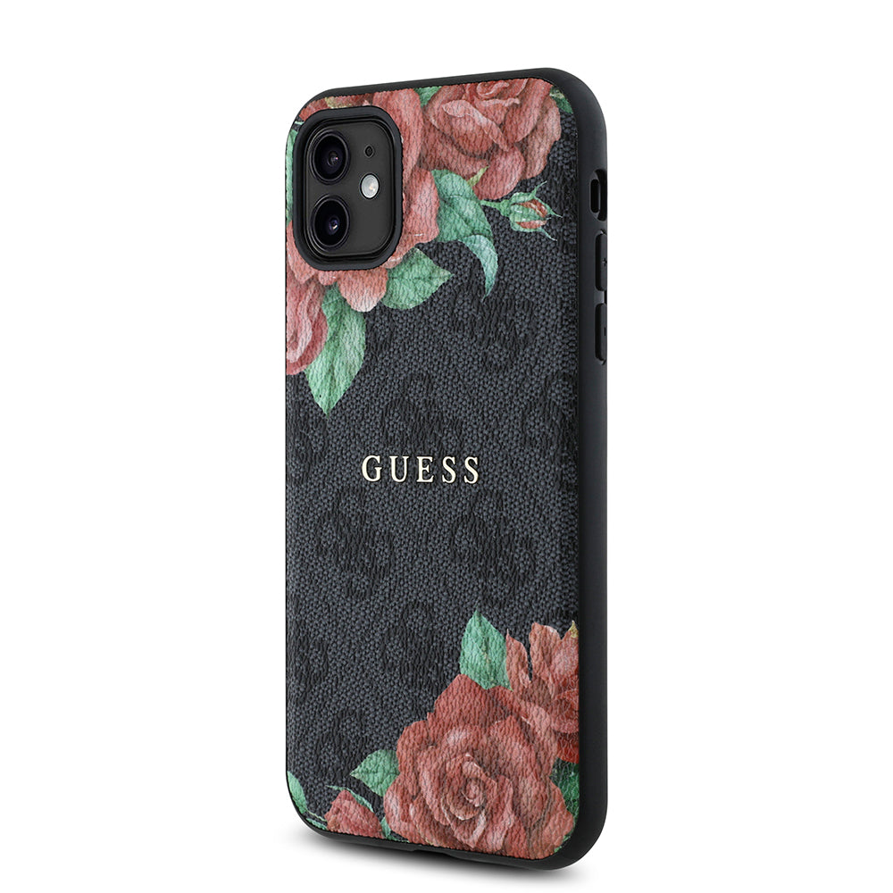 Apple iPhone 11 Kılıf Guess Orjinal Lisanslı Magsafe Uyumlu Gül Baskılı 4G Desenli Yazı Logolu Kapak Kahverengi