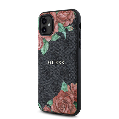 Apple iPhone 11 Kılıf Guess Orjinal Lisanslı Magsafe Uyumlu Gül Baskılı 4G Desenli Yazı Logolu Kapak Kahverengi