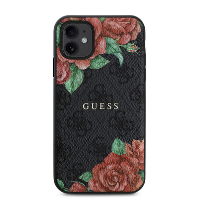 Apple iPhone 11 Kılıf Guess Orjinal Lisanslı Magsafe Uyumlu Gül Baskılı 4G Desenli Yazı Logolu Kapak Kahverengi