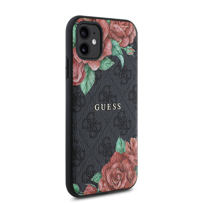 Apple iPhone 11 Kılıf Guess Orjinal Lisanslı Magsafe Uyumlu Gül Baskılı 4G Desenli Yazı Logolu Kapak Kahverengi