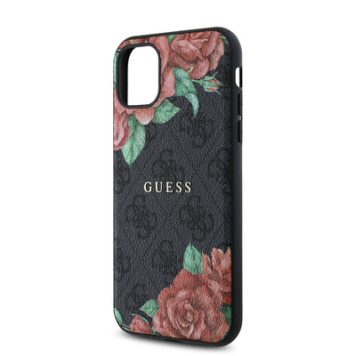 Apple iPhone 11 Kılıf Guess Orjinal Lisanslı Magsafe Uyumlu Gül Baskılı 4G Desenli Yazı Logolu Kapak Kahverengi