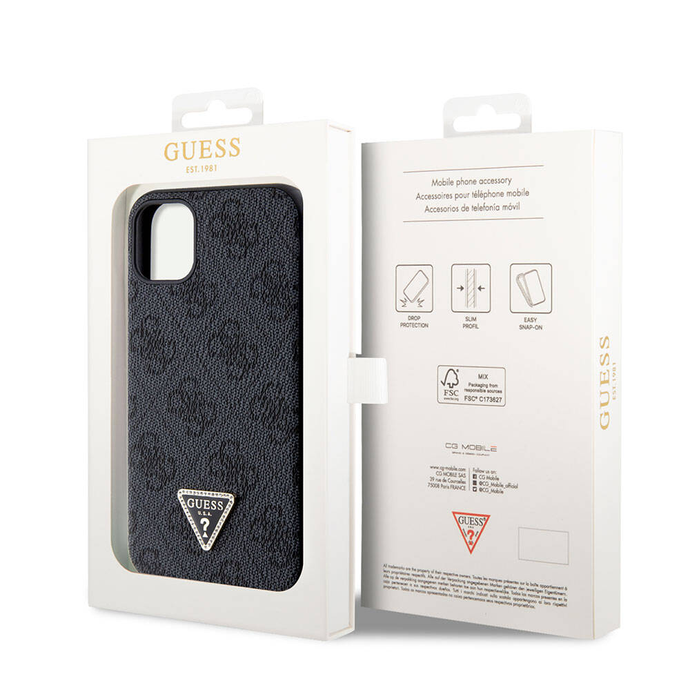 iPhone 11 Kılıf Guess Orjinal Lisanslı PU Deri Taşlı Üçgen Logo 4G Desenli Kılıf