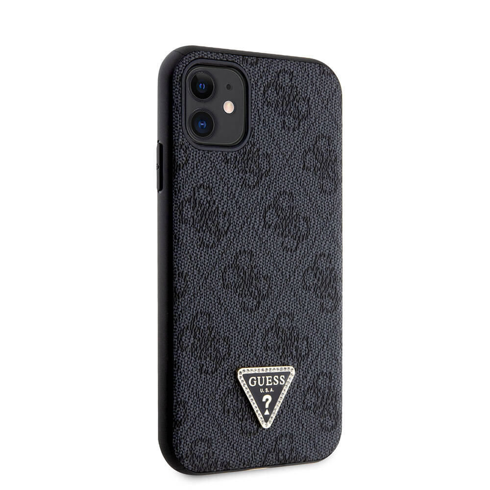 iPhone 11 Kılıf Guess Orjinal Lisanslı PU Deri Taşlı Üçgen Logo 4G Desenli Kılıf