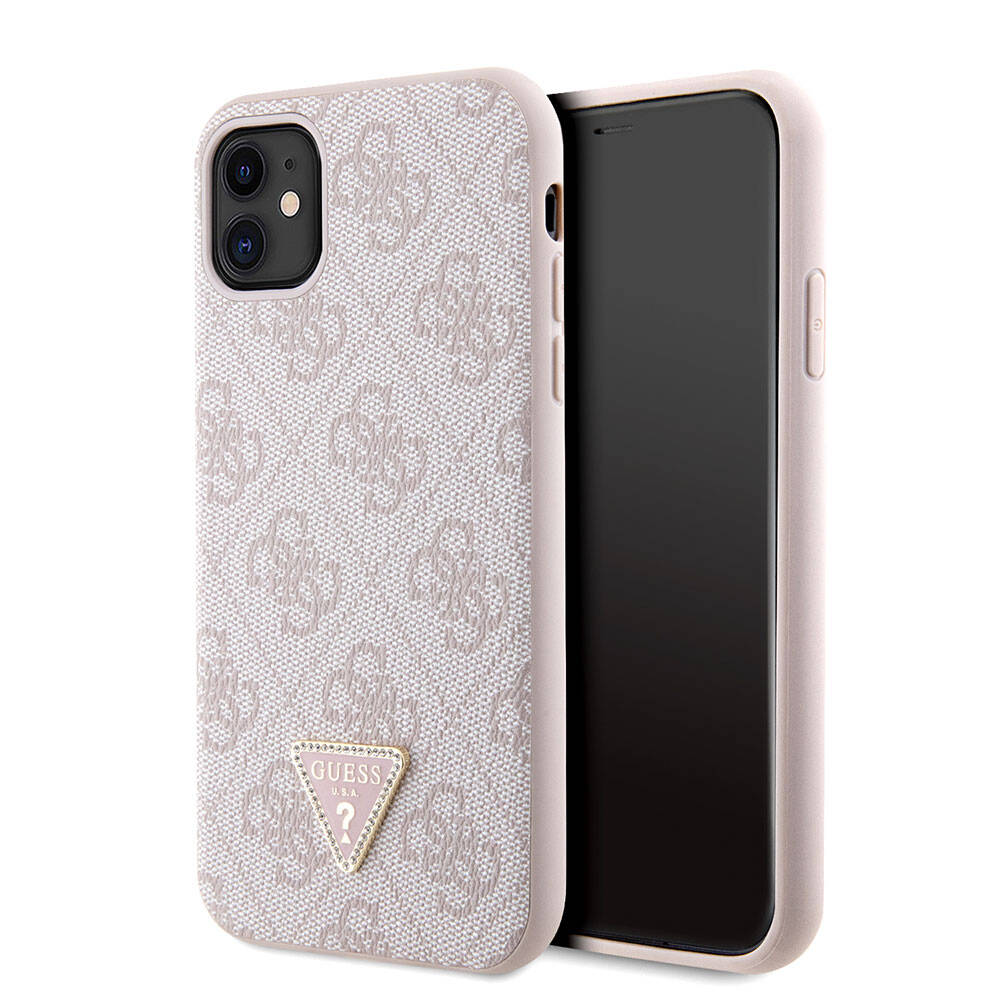 iPhone 11 Kılıf Guess Orjinal Lisanslı PU Deri Taşlı Üçgen Logo 4G Desenli Kılıf