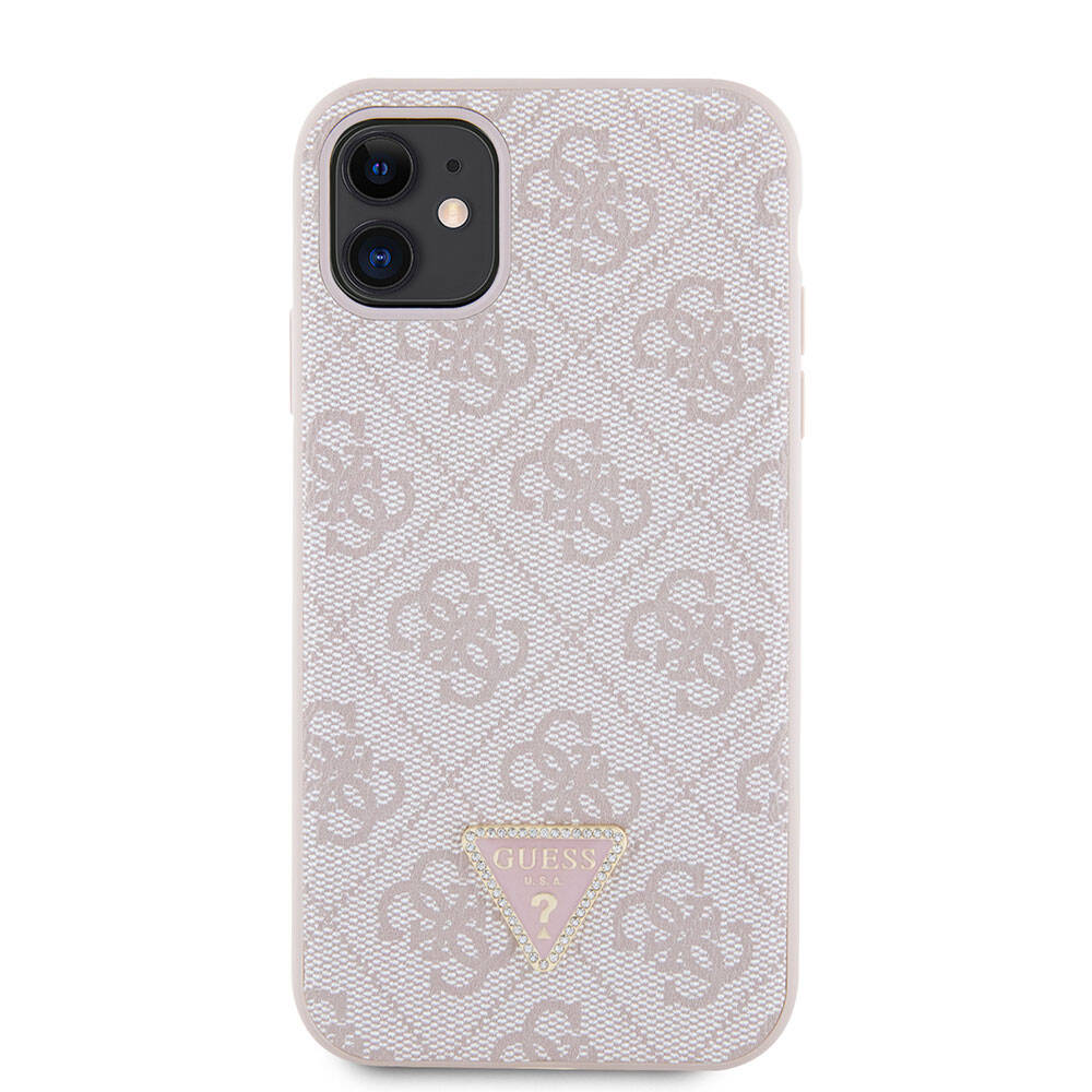 iPhone 11 Kılıf Guess Orjinal Lisanslı PU Deri Taşlı Üçgen Logo 4G Desenli Kılıf