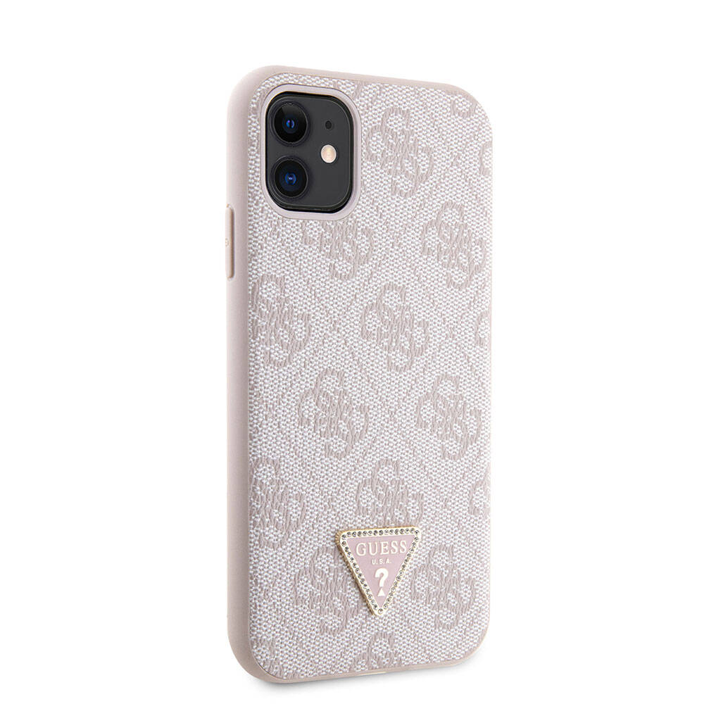 iPhone 11 Kılıf Guess Orjinal Lisanslı PU Deri Taşlı Üçgen Logo 4G Desenli Kılıf