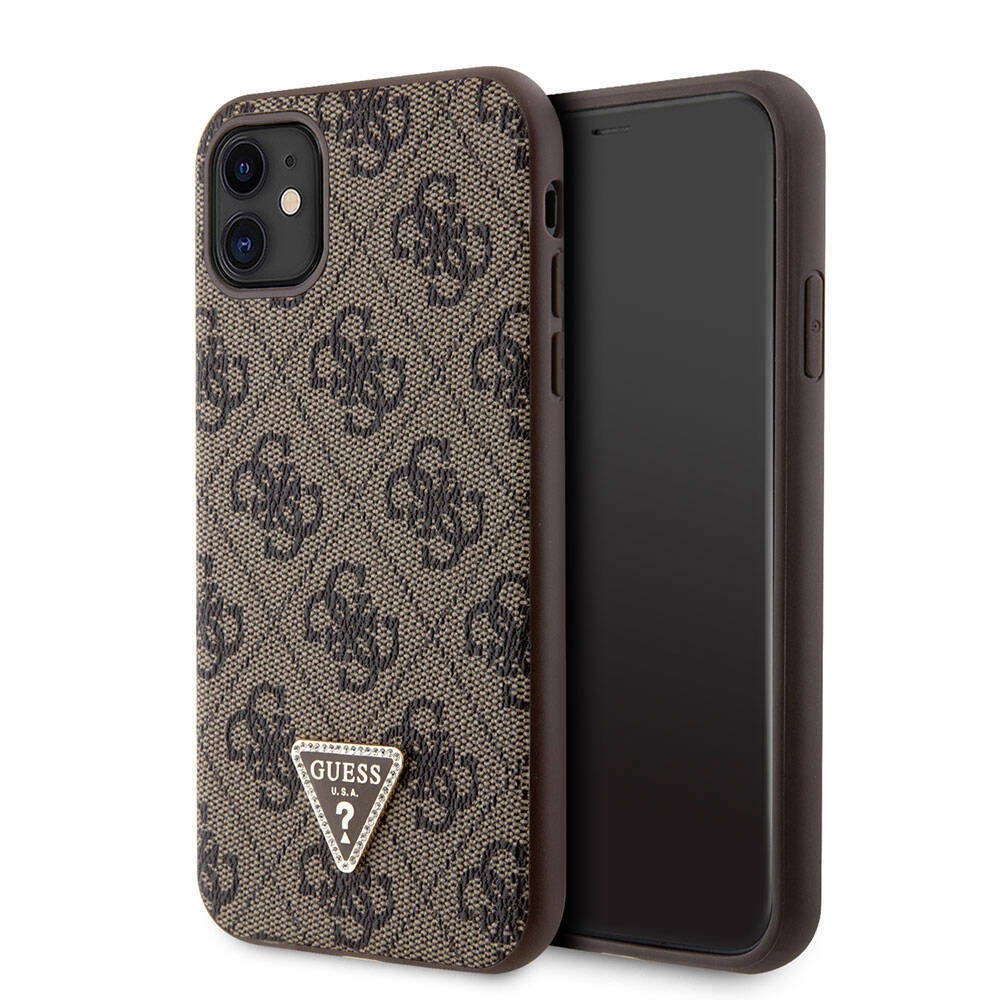 iPhone 11 Kılıf Guess Orjinal Lisanslı PU Deri Taşlı Üçgen Logo 4G Desenli Kılıf