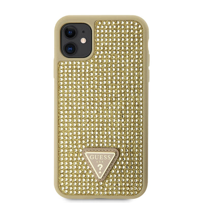 Apple iPhone 11 Kılıf Guess Orjinal Lisanslı Taşlı Arka Yüzey Üçgen Logolu Kapak Gold