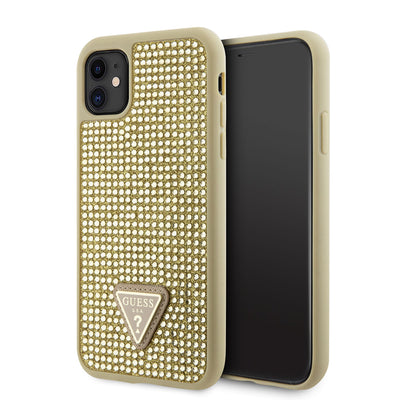 Apple iPhone 11 Kılıf Guess Orjinal Lisanslı Taşlı Arka Yüzey Üçgen Logolu Kapak Gold