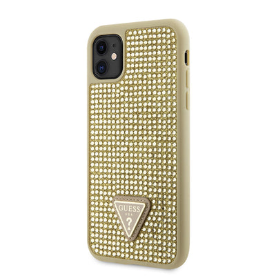 Apple iPhone 11 Kılıf Guess Orjinal Lisanslı Taşlı Arka Yüzey Üçgen Logolu Kapak Gold