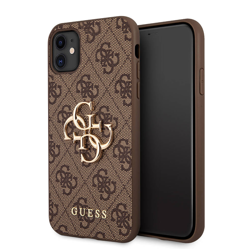 Apple iPhone 11 Kılıf Guess PU Deri Büyük Metal Logo Dizaynlı Kapak Gri