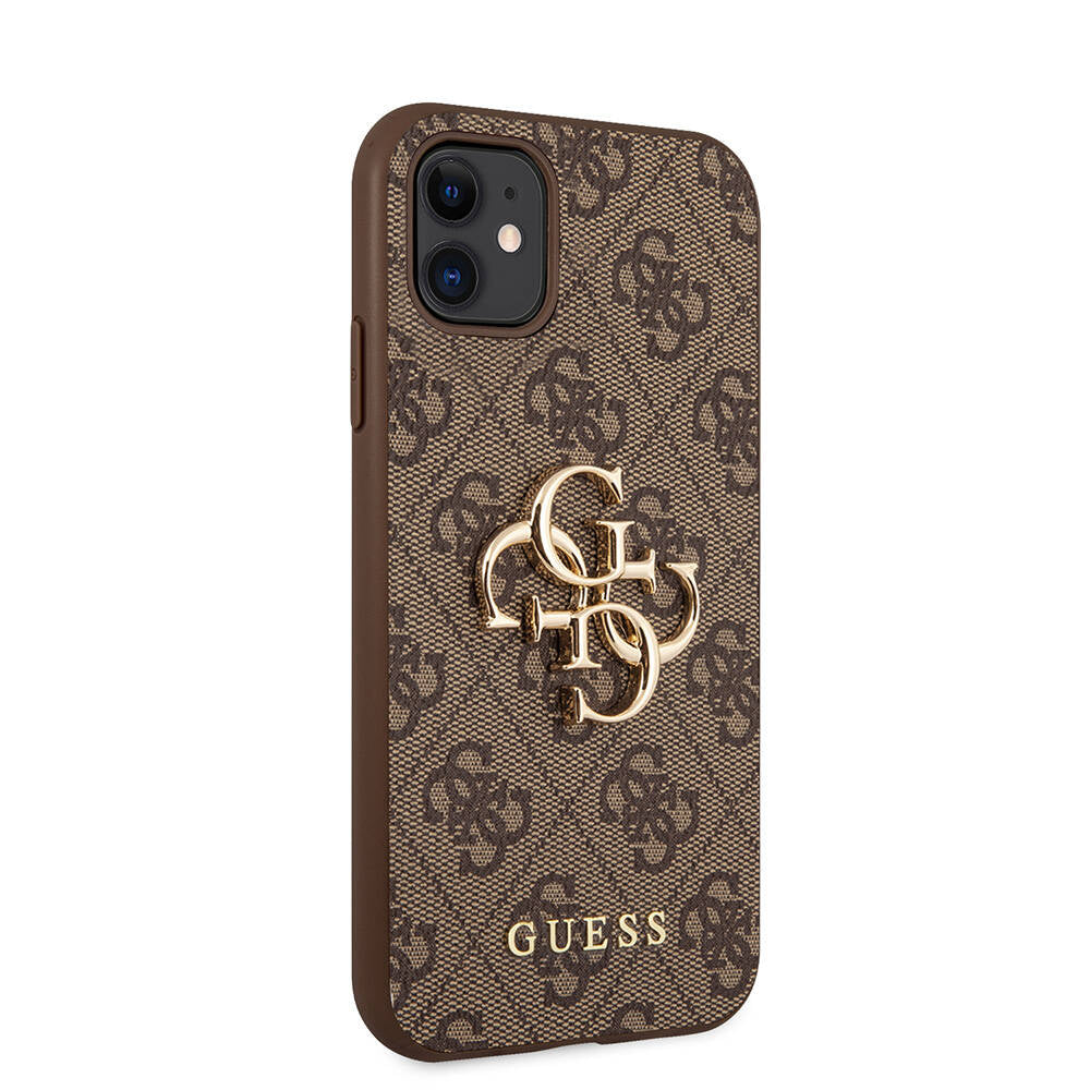 Apple iPhone 11 Kılıf Guess PU Deri Büyük Metal Logo Dizaynlı Kapak Gri