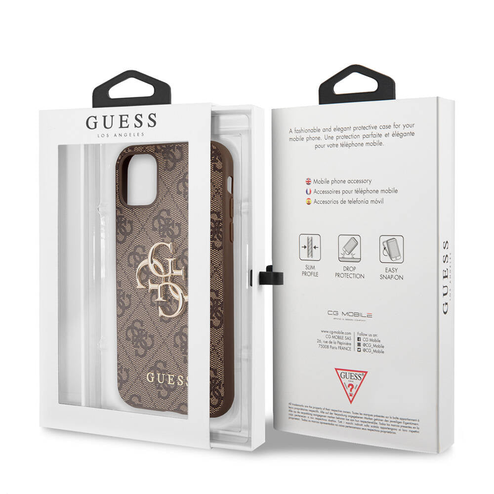 Apple iPhone 11 Kılıf Guess PU Deri Büyük Metal Logo Dizaynlı Kapak Gri