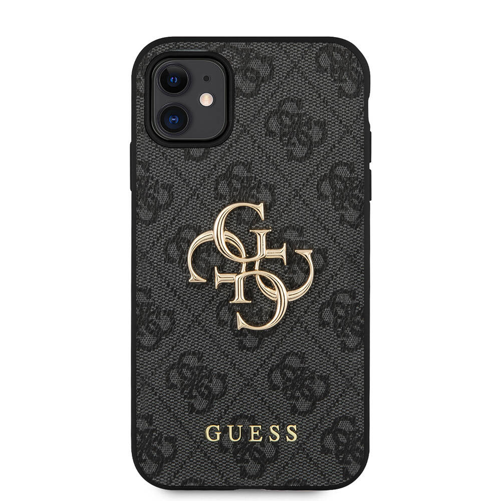 Apple iPhone 11 Kılıf Guess PU Deri Büyük Metal Logo Dizaynlı Kapak Gri