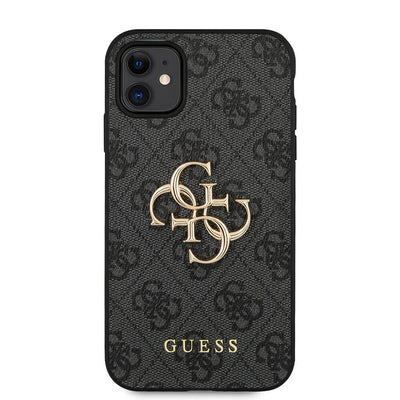 Apple iPhone 11 Kılıf Guess PU Deri Büyük Metal Logo Dizaynlı Kapak Gri