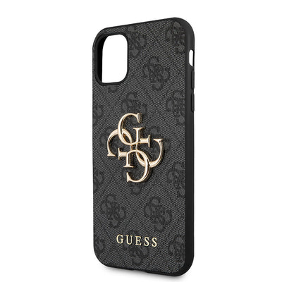 Apple iPhone 11 Kılıf Guess PU Deri Büyük Metal Logo Dizaynlı Kapak Gri