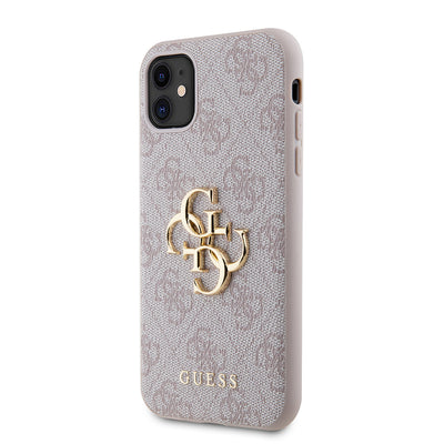 Apple iPhone 11 Kılıf Guess PU Deri Büyük Metal Logo Dizaynlı Kapak Pembe