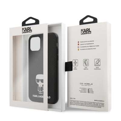 Apple iPhone 11 Kılıf Karl Lagerfeld PU Suni Deri Karl Dizayn Kapak Siyah