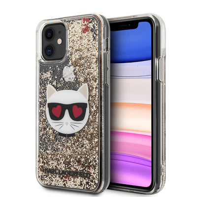 Apple iPhone 11 Kılıf Karl Lagerfeld Sıvılı Simli Choupette Dizayn Kapak Gold