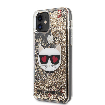 Apple iPhone 11 Kılıf Karl Lagerfeld Sıvılı Simli Choupette Dizayn Kapak Gold