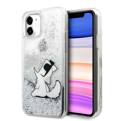 Apple iPhone 11 Kılıf Karl Lagerfeld Sıvılı Simli Choupette Fun Dizayn Kapak Gümüş