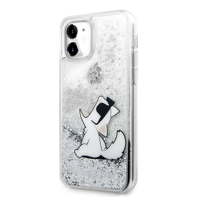 Apple iPhone 11 Kılıf Karl Lagerfeld Sıvılı Simli Choupette Fun Dizayn Kapak Gümüş