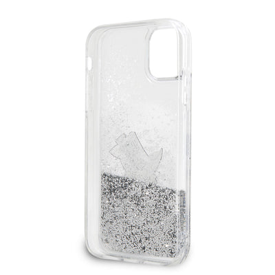 Apple iPhone 11 Kılıf Karl Lagerfeld Sıvılı Simli Choupette Fun Dizayn Kapak Gümüş