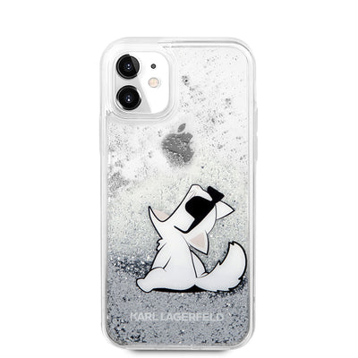 Apple iPhone 11 Kılıf Karl Lagerfeld Sıvılı Simli Choupette Fun Dizayn Kapak Gümüş