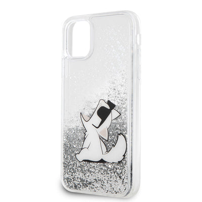 Apple iPhone 11 Kılıf Karl Lagerfeld Sıvılı Simli Choupette Fun Dizayn Kapak Gümüş