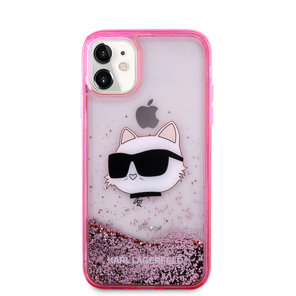 Apple iPhone 11 Kılıf Karl Lagerfeld Sıvılı Simli Choupette Head Dizayn Kapak Pembe