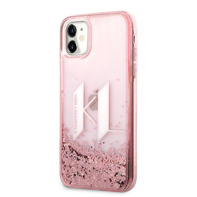 Apple iPhone 11 Kılıf Karl Lagerfeld Sıvılı Simli Dizayn Kapak Pembe