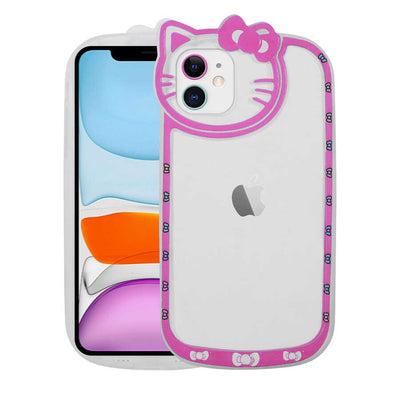 Apple iPhone 11 Kılıf Kedi Figürlü Transparan Sert Silikon Zore Kity Kapak Pembe Koyu