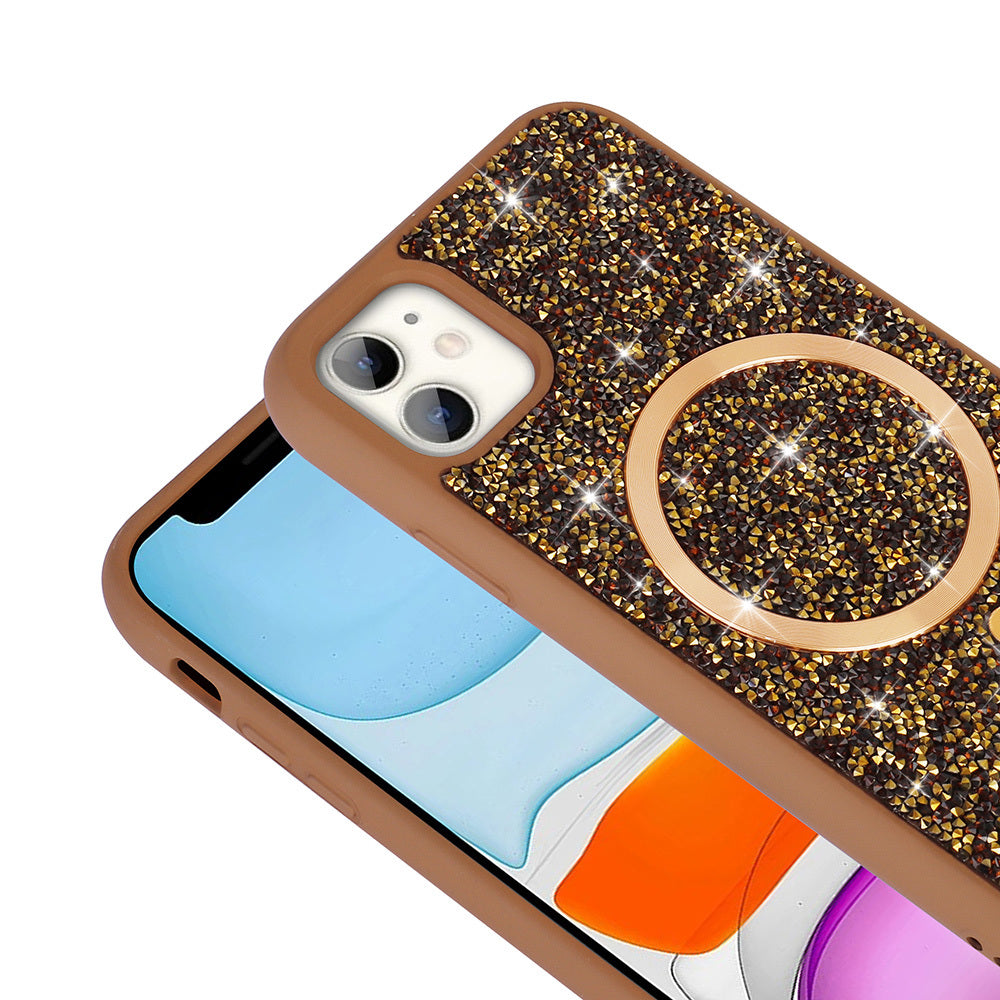 Apple iPhone 11 Kılıf Pırlanta Tasarımlı M-safe Şarj Özellikli Zore Mozaik Silikon Kapak Desert Titanyum