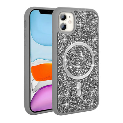 Apple iPhone 11 Kılıf Pırlanta Tasarımlı M-safe Şarj Özellikli Zore Mozaik Silikon Kapak Desert Titanyum