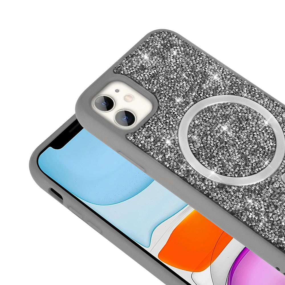 Apple iPhone 11 Kılıf Pırlanta Tasarımlı M-safe Şarj Özellikli Zore Mozaik Silikon Kapak Desert Titanyum