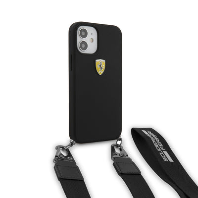 Apple iPhone 12 Kılıf Ferrari Orjinal Lisanslı Askılı Metal Logolu Kapak Siyah