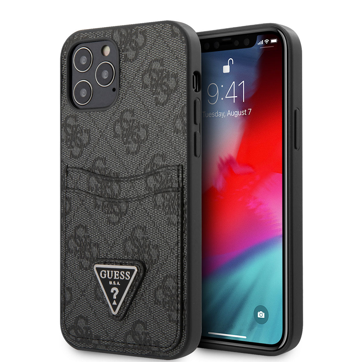 Apple iPhone 12 Kılıf GUESS Çift Kart Bölmeli Kapak Kahverengi
