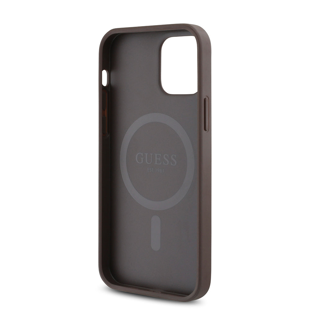 Apple iPhone 12 Kılıf Guess Orjinal Lisanslı Magsafe Şarj Özellikli 4G Desen Yazı Logolu Kapak Siyah