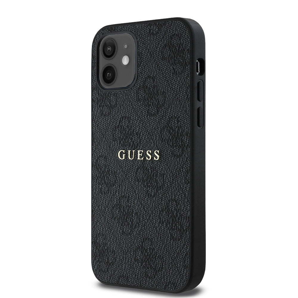 Apple iPhone 12 Kılıf Guess Orjinal Lisanslı Magsafe Şarj Özellikli 4G Desen Yazı Logolu Kapak Siyah