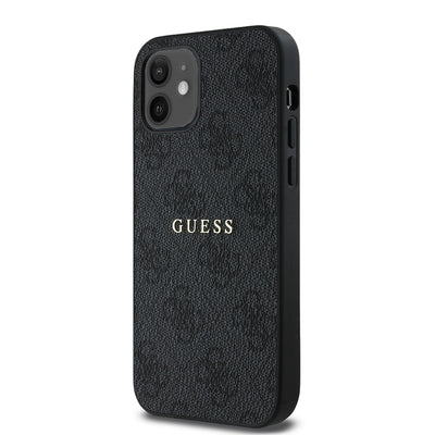 Apple iPhone 12 Kılıf Guess Orjinal Lisanslı Magsafe Şarj Özellikli 4G Desen Yazı Logolu Kapak Siyah