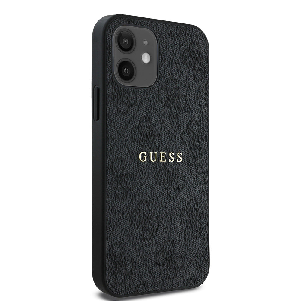 Apple iPhone 12 Kılıf Guess Orjinal Lisanslı Magsafe Şarj Özellikli 4G Desen Yazı Logolu Kapak Siyah